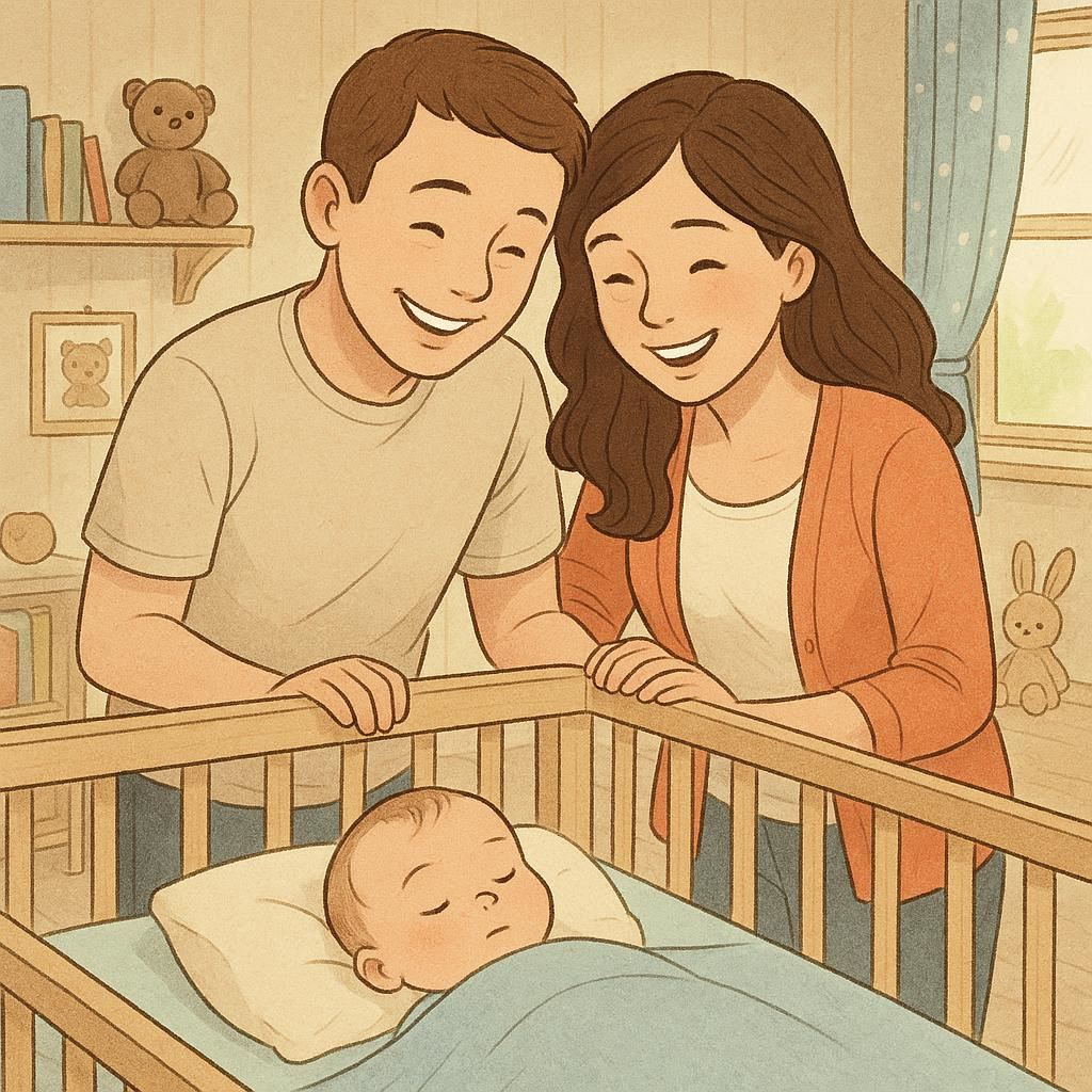 아이를 보며 웃고 있는 부모