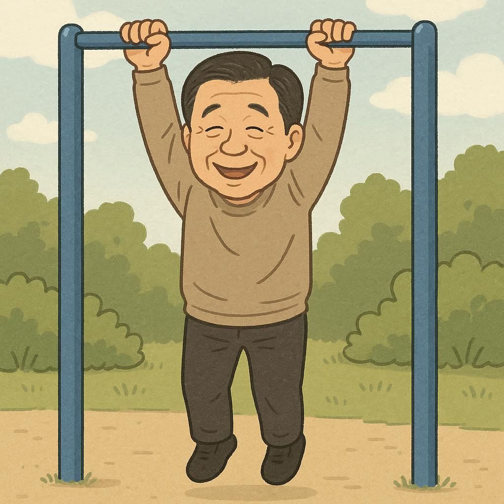 50대 남성이 철봉에 매달려있다