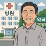 병원과 약국 앞에서 활짝 웃는 남성