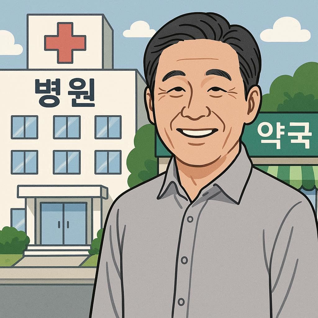 병원과 약국 앞에서 활짝 웃는 남성