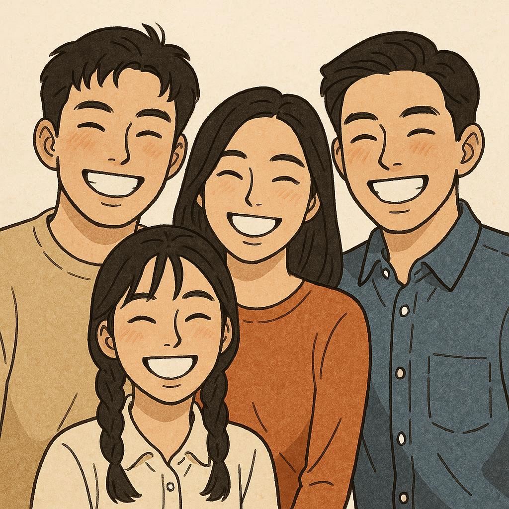 젊은이들이 활짝 웃고 있다.