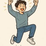 청년이 청년일자리 도약장려금을 받고 하늘로 펄쩍 뛰어올라 환호하고 있다.